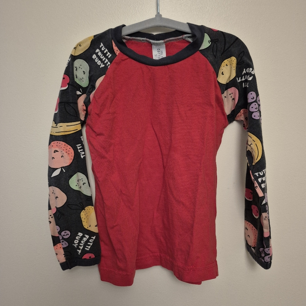 Upcycled Baseball Style Shirt with Fruit Print Sleeves